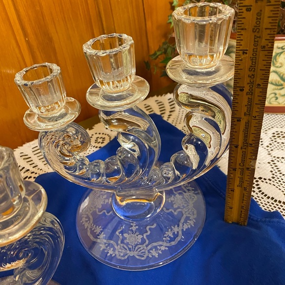 depression Glass Fostoria Romance Plume three candle holders Floral etching - Picture 5 of 5